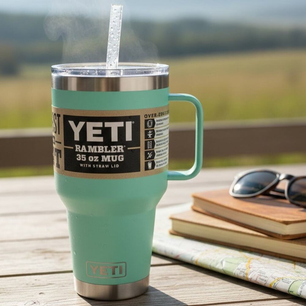 YETI Rambler 35oz Stainless Tumbler Handle Straw Seafoam Green Insulated Tumbler